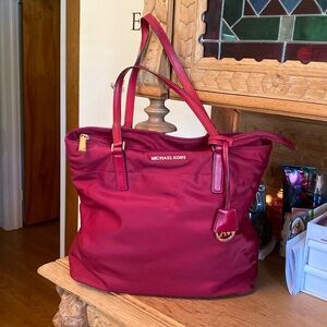 Michael Kors Large Dark Red Leather and Nylon Shoulder or Tote Bag